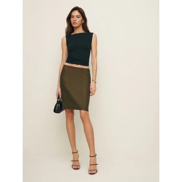 NWT Reformation Rina Low Waisted Linen Skirt Dark Olive Green 8 - Picture 1 of 11
